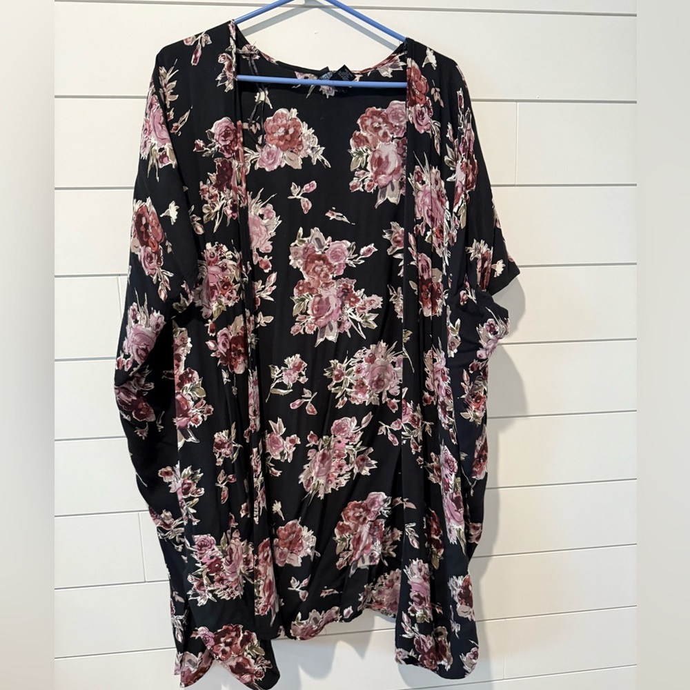 Angie Black Kimono with Rose Floral Pattern
